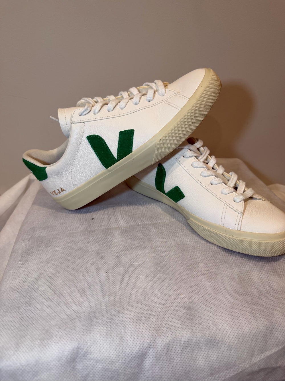 Veja White Leather Sneakers with Green Suede Heel Patch